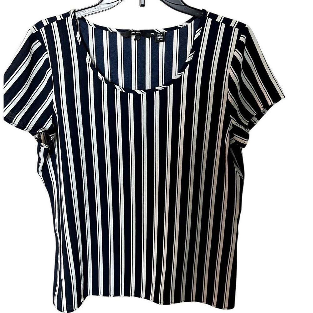 Vero Moda Womens Large Navy Blue White Striped Short Sleeve Scoop Neck Blouse